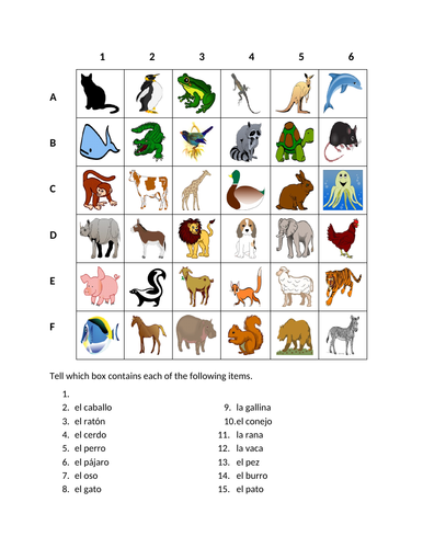 Animales (Animals in Spanish) Find it Worksheet