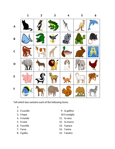 Animali (Animals in Italian) Find it Worksheet