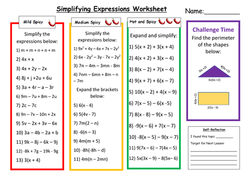 Simplifying Expressions Differentiated Worksheet with Answers