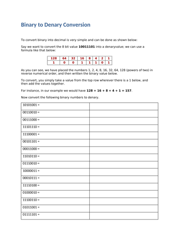 Worksheet - Binary Conversions