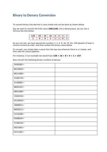 Introduction To Binary Numbers Worksheet Answers