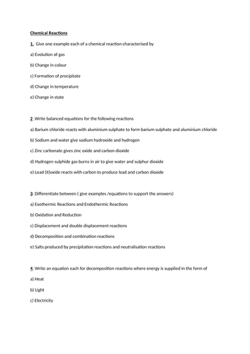 Chemical Reactions- Practice Questions