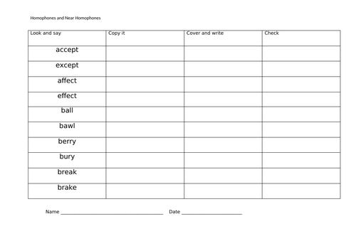 Homophones and Near-Homophones Spellings for Years 3 /4 , look - cover - write - check