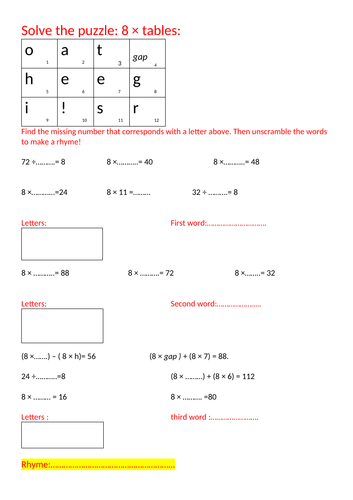 8s table puzzle, primary level