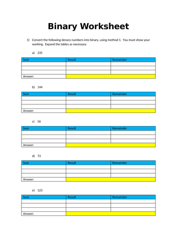 Binary conversion worksheets