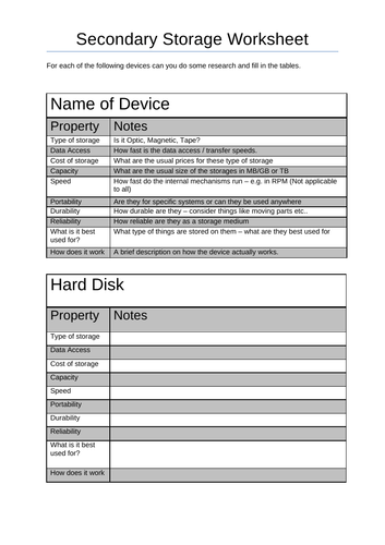 Secondary Storage worksheet