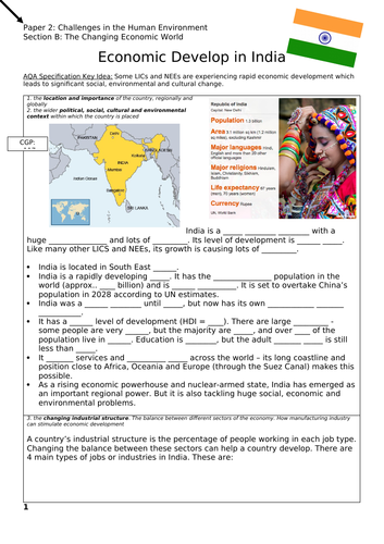 India Case Study - Workbook / Revision - Changing Economic World - AQA GCSE Geography