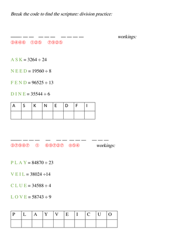 Division practice, break the code puzzle