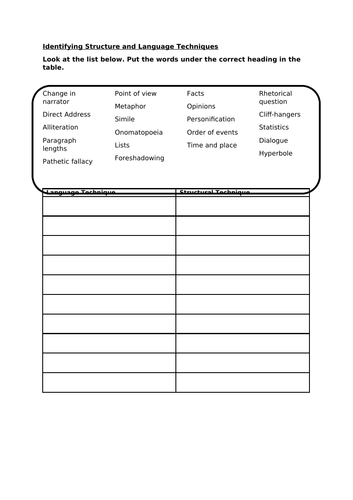 Structure and Language Techniques Worksheet