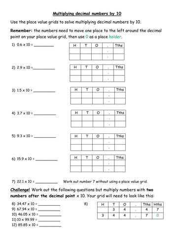 Multiplying decimals by 10 differentiated worksheets