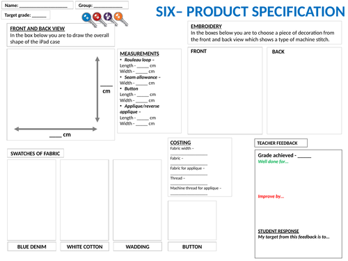 Product specification worksheet