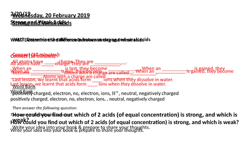 AQA GCSE CHEMISTRY STRONG AND WEAK ACIDS LESSON WITH WORKSHEET.