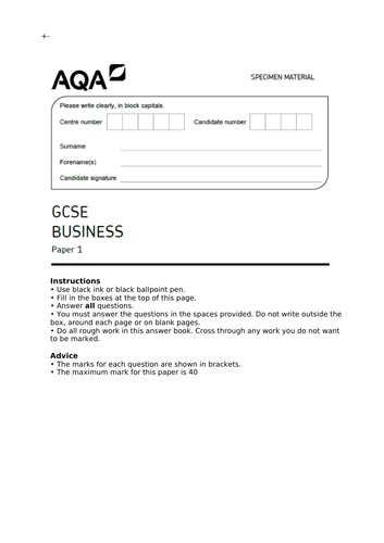 AQA GCSE (9-1) - End of topic test - Marketing