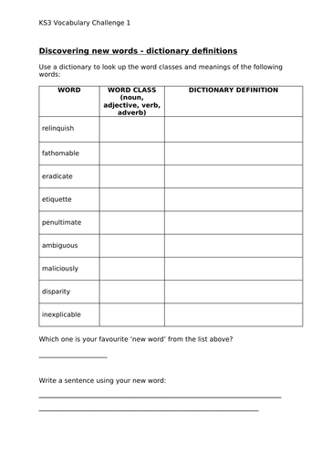 Vocabulary building challenges - 6 worksheets with 9 challenge words on each.