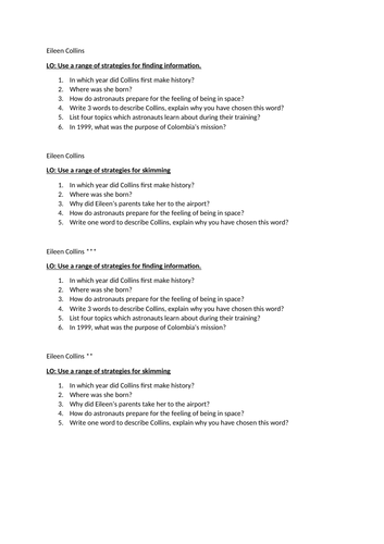 4 X Space KS2 guided reading differentiated