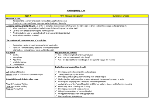 KS3 - Autobiography SOW Plan