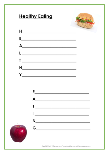 HEALTHY EATING Acrostic Writing Frame + Ideas Sheet