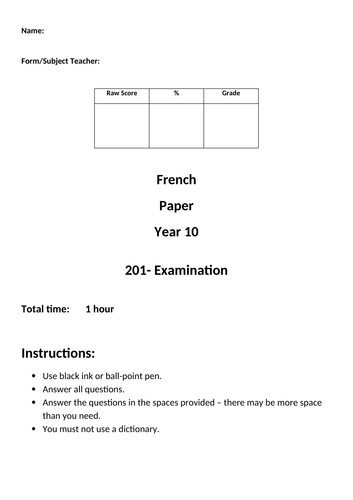 EDEXCEL IGCSE French mock written exam