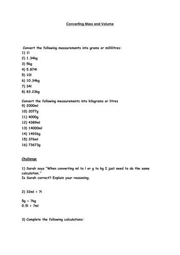 Converting g a ml to kg and l lesson