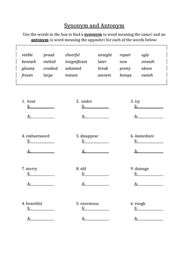 Synonym and Antonym worksheet