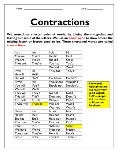 Apostrophes Contractions 2 Worksheets Teaching Resources