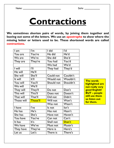 Apostrophe Of Contraction And Possession Worksheet