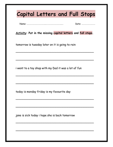 Capital Letters and Full Stops Worksheets - 4 pages