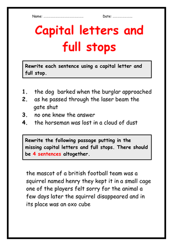 Capital Letters And Full Stop Worksheet For Grade 1