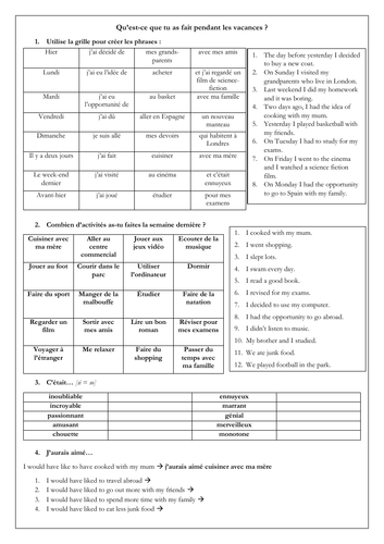 French GCSE hobbies & free time: activities during the holidays in past tense