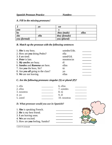 Spanish Subject Pronouns Review Worksheet Pronombres Sujetos Quiz 