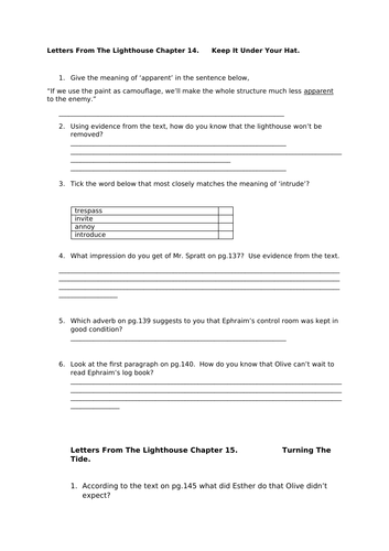 Letters From The Lighthouse -  Chapters 14 - 16 Reading questions Y6 for SATs preparation .