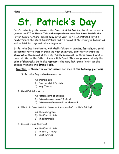 St Patrick's Day Printable  Handout