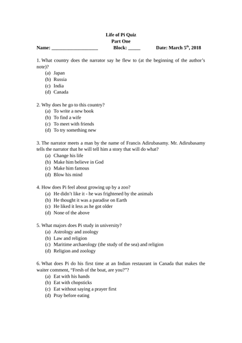 Life of Pi Detailed Quizzes