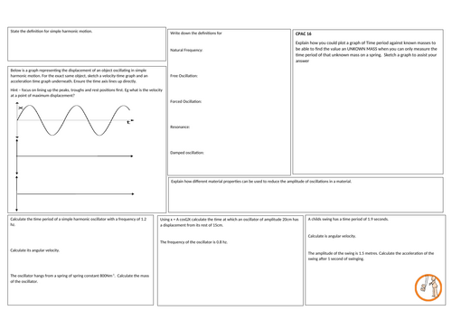Edexcel a level physics topic 13 oscillations revision mat teaching 
