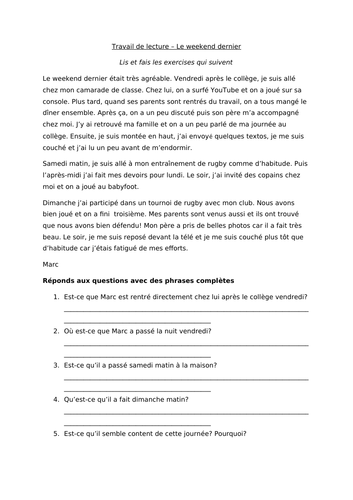 GCSE French Perfect Tense Reading and Writing Worksheet