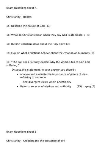 Religious Education GCSE Christianity Examination questions and answer sheets