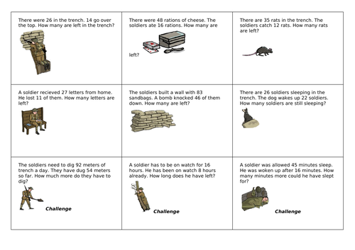 World War One Subtraction Word Problems