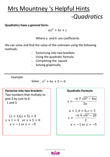 Mrs Mountney's Helpful Hints - Quadratics