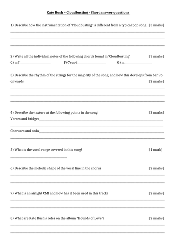 Kate Bush Cloudbusting - Short answer questions