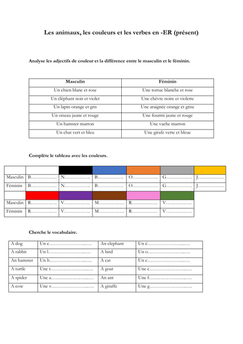 KS3 - French - Animals - colours -  Allez 1 3.4  (reading - translation - grammar)