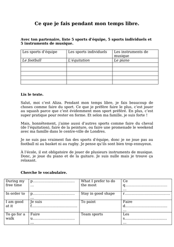 GCSE - French - Free time (reading, exam style question, translations, grammar)