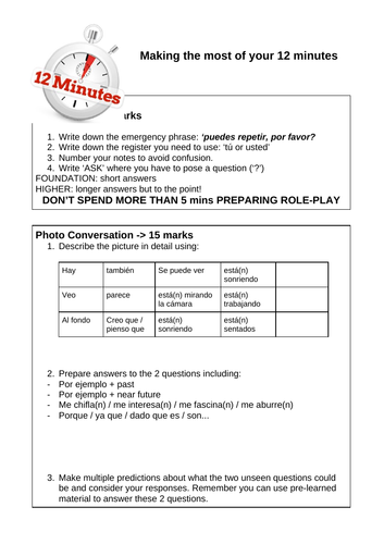 Spanish Oral GCSE 12 mins preparation