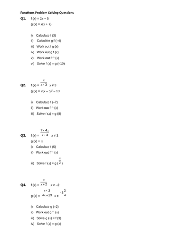 Functions Problem Solving Questions | Teaching Resources