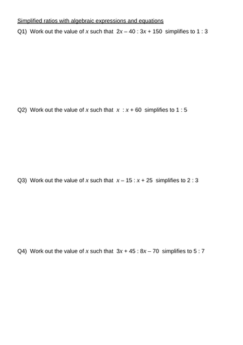 Simplified ratios with algebraic expressions and equations