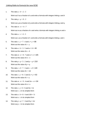 Ratio Linking Ratio to Formula New GCSE Questions