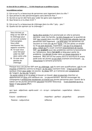 GCSE French social problems grade 8/9- writing model and speaking ...