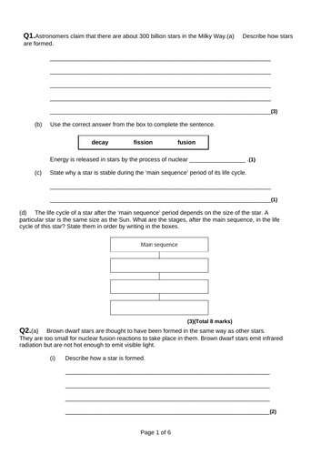 Space, star formation GCSE style questions (questions and answers)