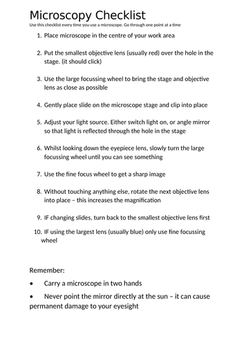 How to use a Microscope: Checklist
