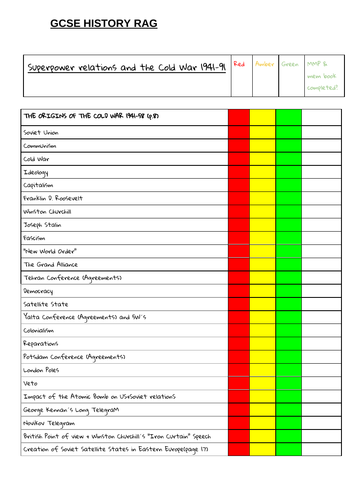 GCSE HISTORY Superpowers & The Cold War Red-Amber-Green topic revision checklist