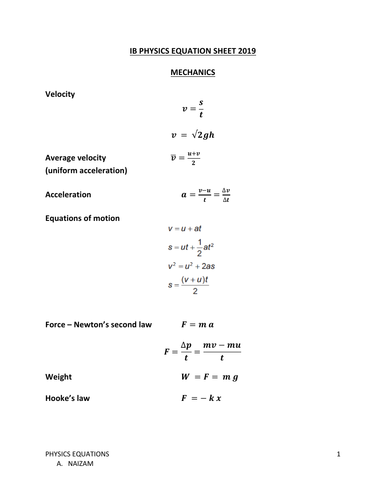 Ib Physics Equation Sheet 2019 Teaching Resources